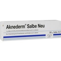 Weiße Schachtel mit der Aufschrift „Aknederm Salbe Neu“ für Hautpflege.