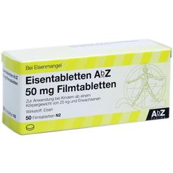 Packung mit Eisentabletten für Kinder und Erwachsene zur Behandlung von Eisenmangel.